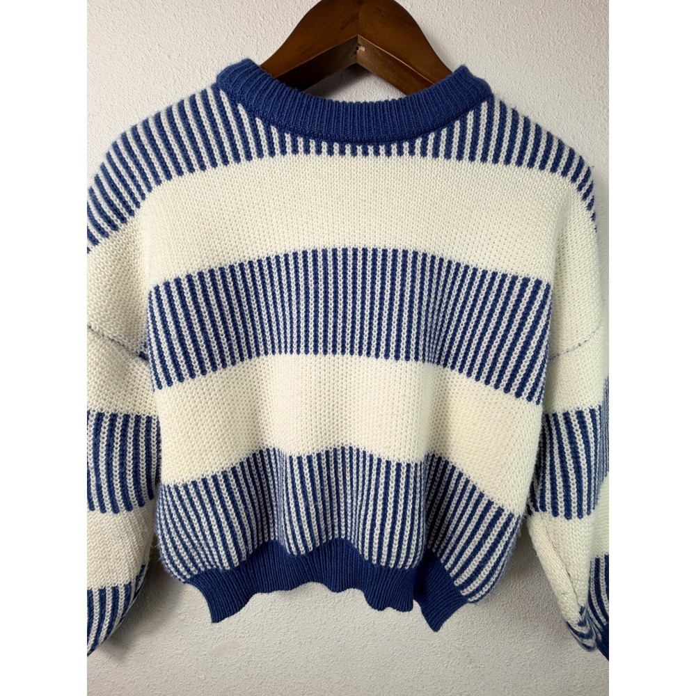 Shein Women Sweater Blue White Striped Cropped Knit Drop Shoulder Coastal Size S